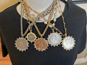 Faux silver coin gold diamonds and crystal gold chain