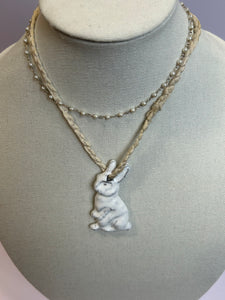 French ceramic white bunny pendant