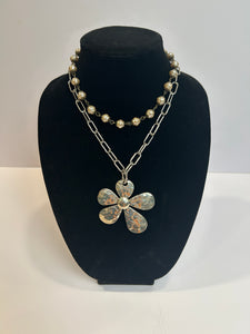 Silver flower with paperclip chain necklace