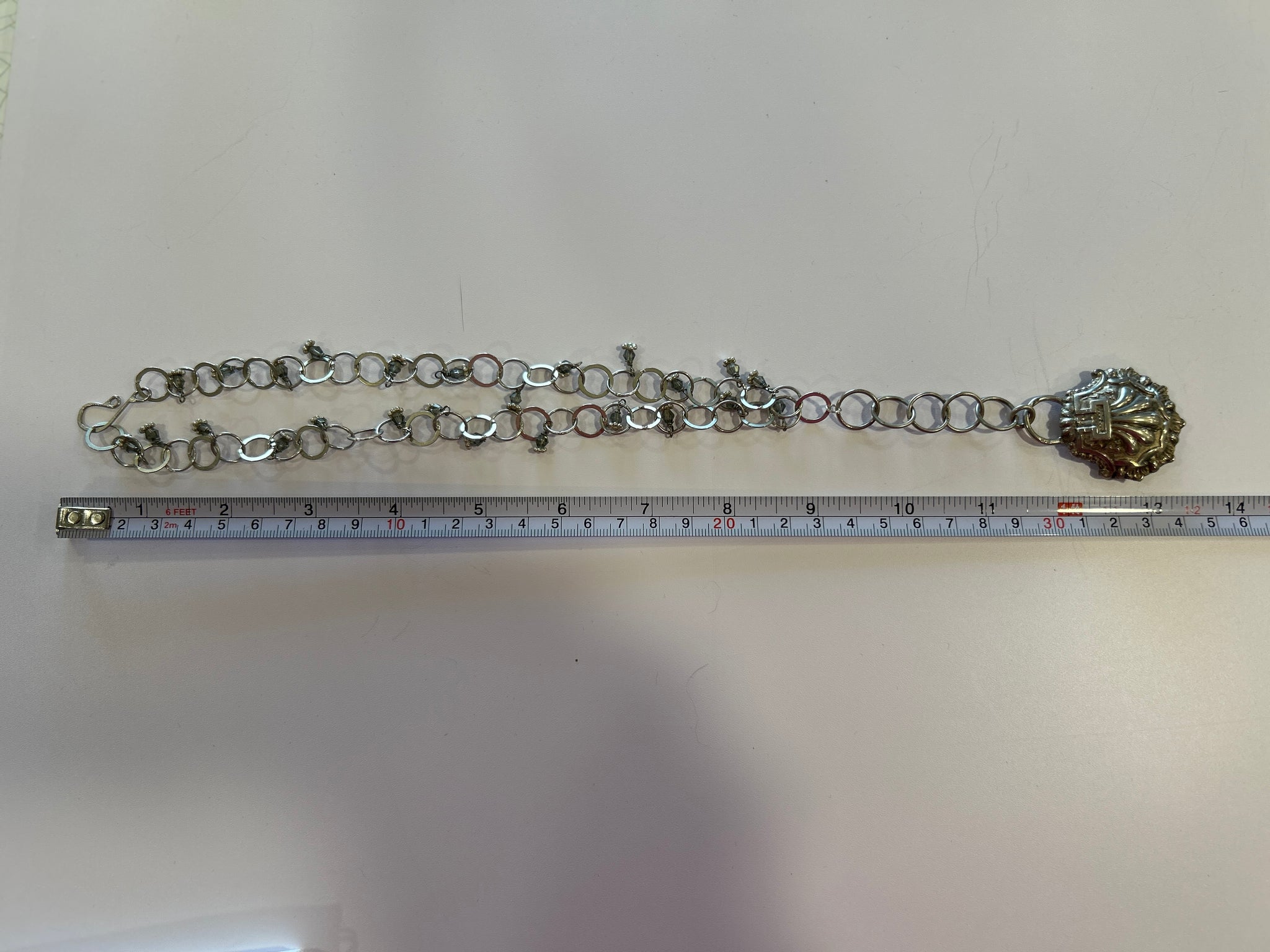 Vintage  silver shell from Paris and chain with small crystals Y necklace